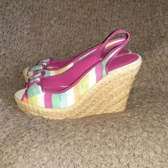 COACH-Grace-Pink Blue Rainbow Stripe Wedge Slingback-Straw Wedge-Sz 10-Near Mint - Picture 2 of 7